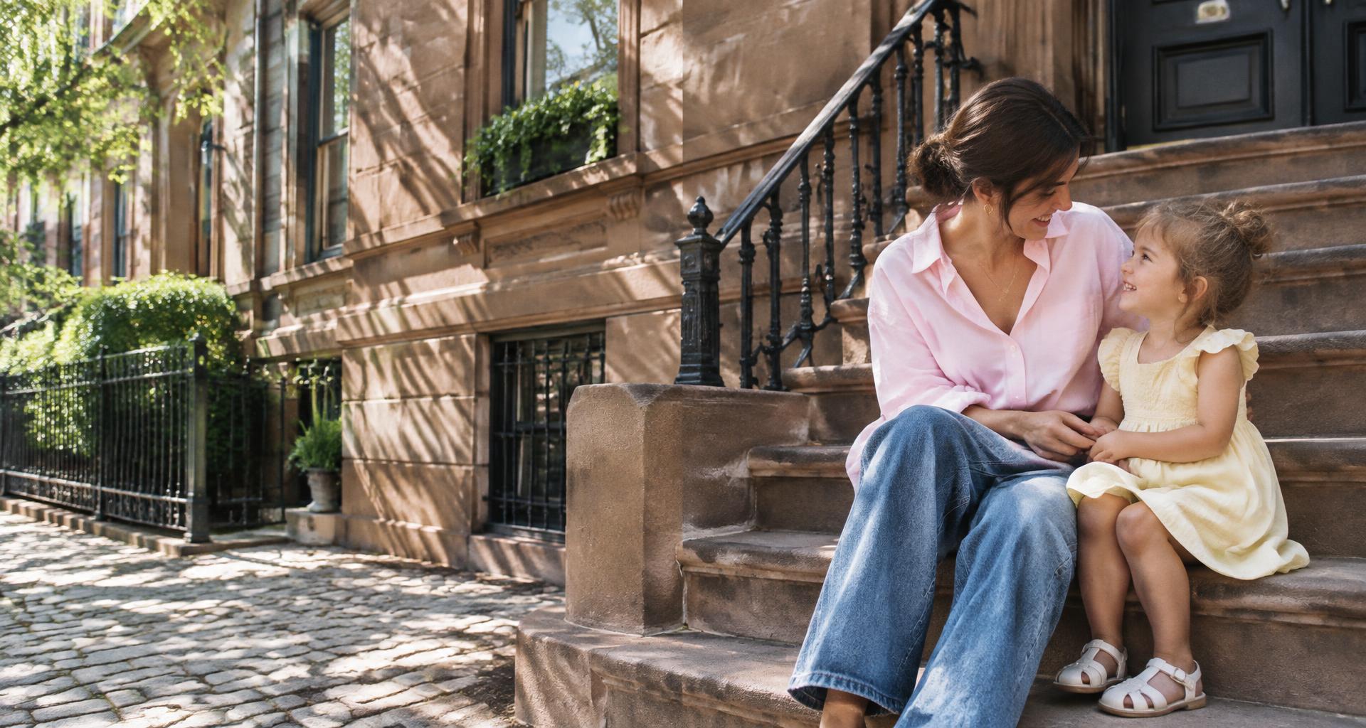 A New York mother and her little girl sharing a sunlit moment on their stoop